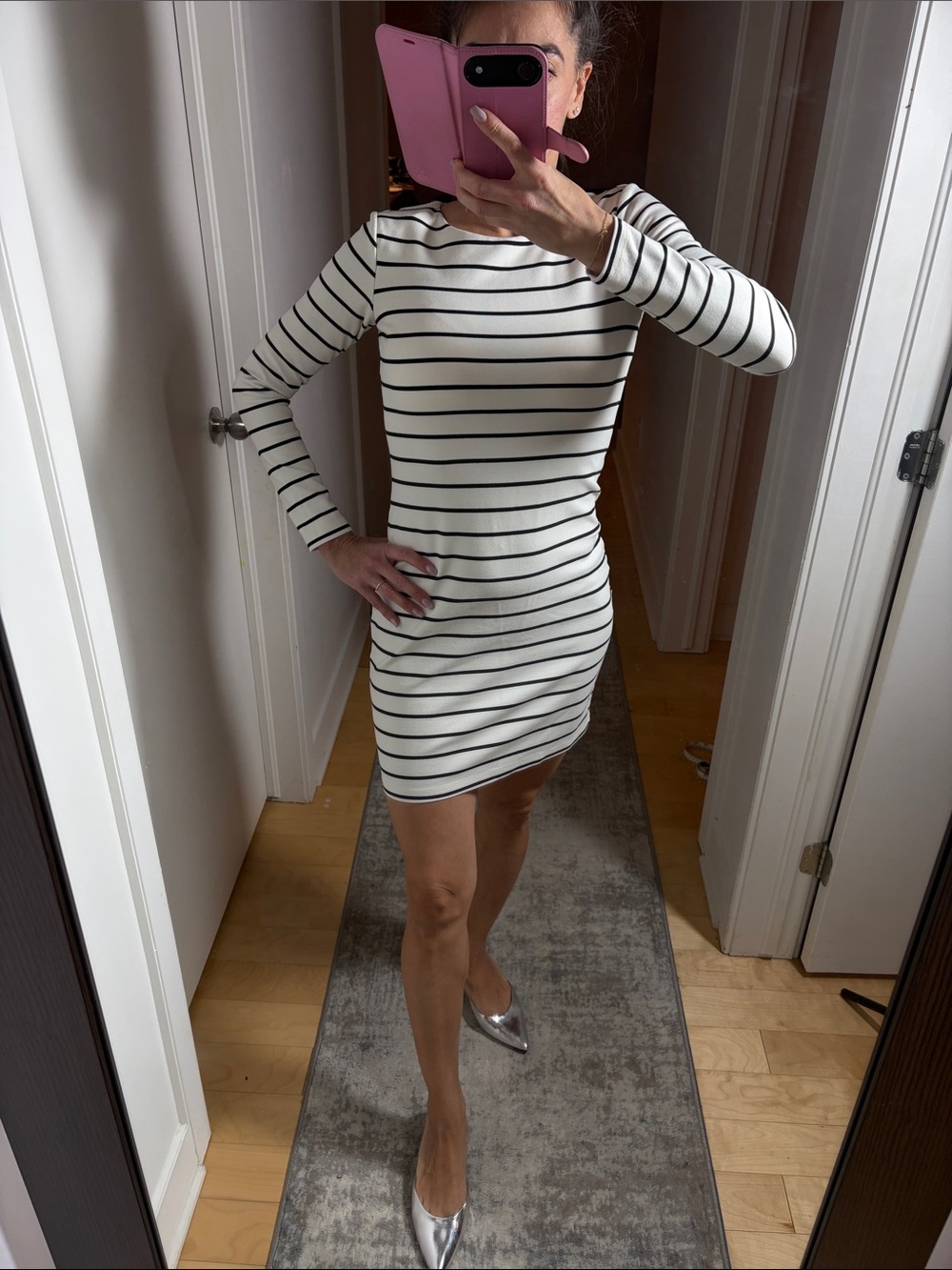 H&M White Mini Dress with Black Stripes